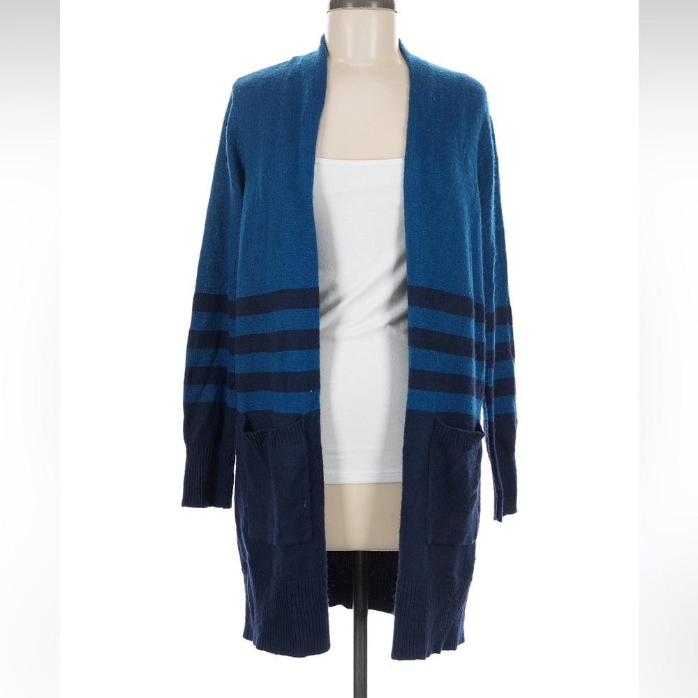Michael Kors Teal and Navy Open-Front Striped Cardigan